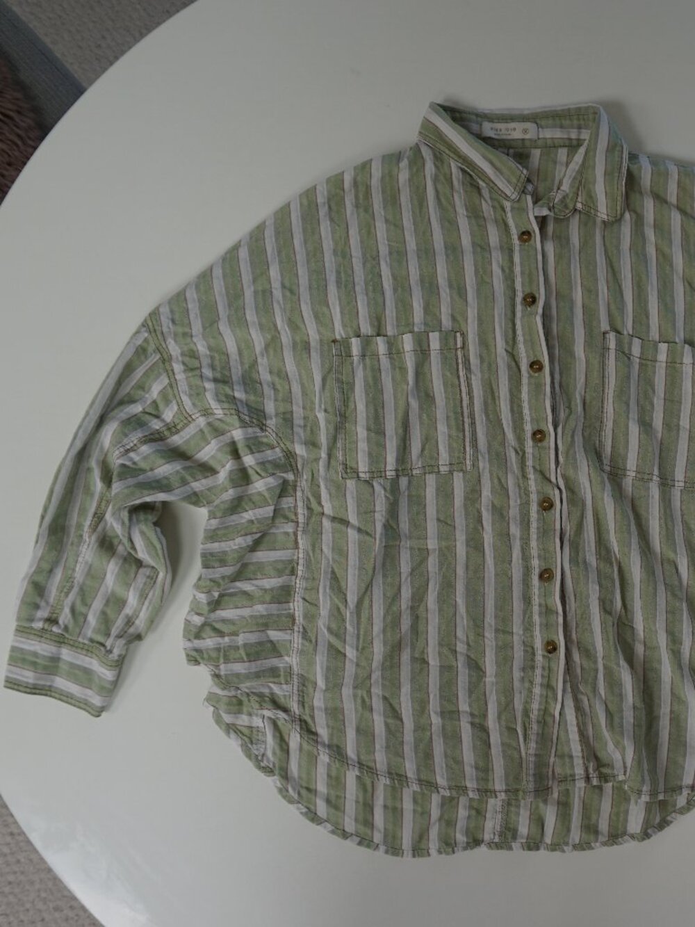 Light Green Vertical Stripe Button Up Oversized Shirt M